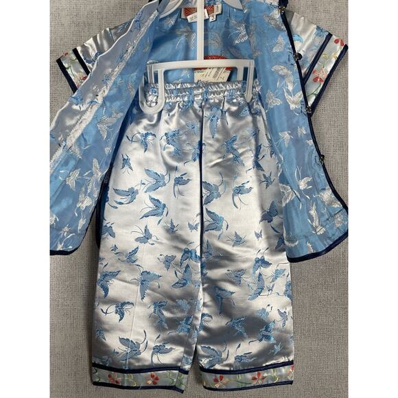2 Piece Chinese Outfit Toddler Size 2 Blue Embroidered Floral Butterflies NWT - Picture 7 of 15